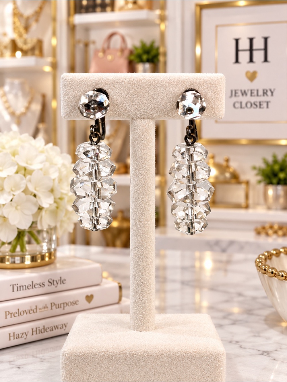 Vintage Faceted Clear Glass Bead Dangle Earrings Screw Back Mid Century